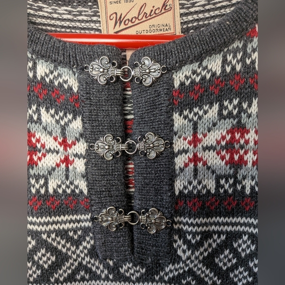 WOOLRICH Original Outdoor Wear Knit Women Crewneck Sweater Size XL Gray And Red - Picture 3 of 10